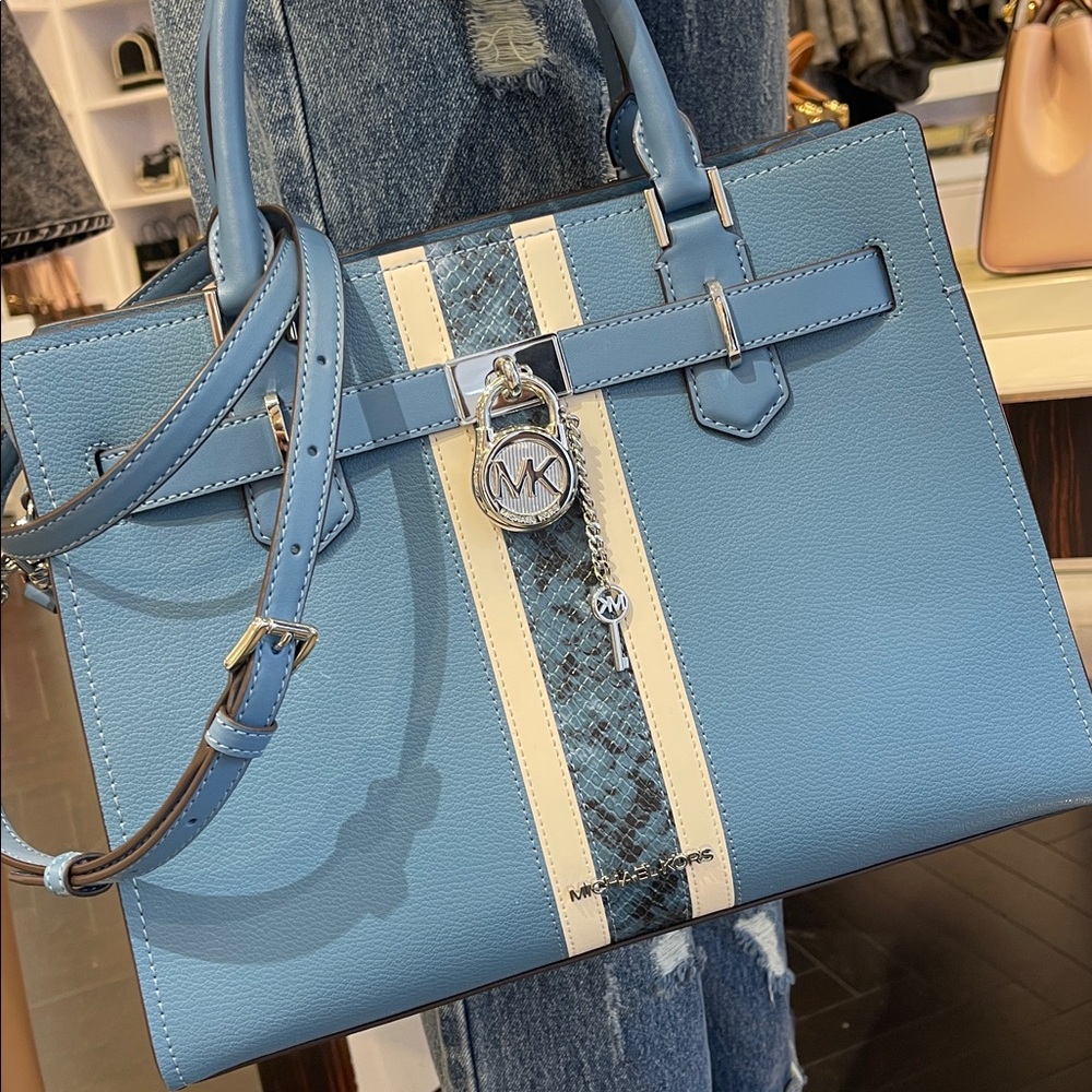 MICHAEL KORS Hamilton Md Leather and Snake Embossed Stripe Satchel
Cornflower - Picture 12 of 16